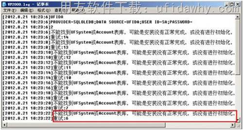 不能找到UFSystem或Account表庫錯(cuò)誤提示的事務(wù)文件記錄圖示